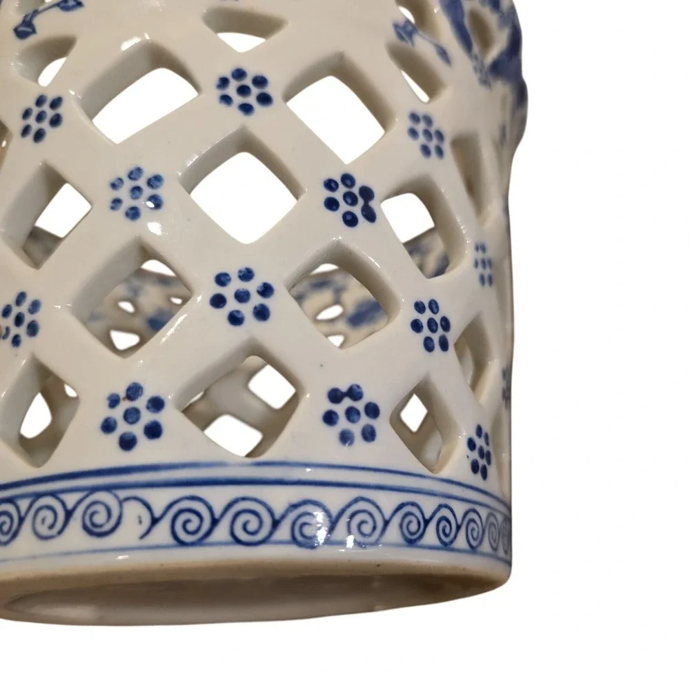 Vintage 1980s Andrea by Sadek Blue White Porcelain Reticulated Lattice Planter